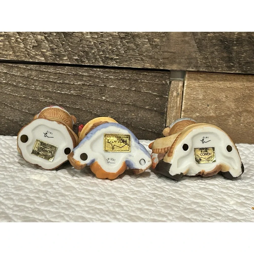 Homco Thanksgiving Bear Lot Of 3‎ Porcelain Figurines Turkey Hunter Corn Fish